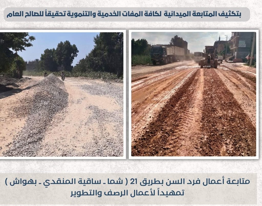 محافظ المنوفية يتابع أعمال الرصف بطريق 21 بأشمون وتركيب إنترلوك بعدد من شوارع تلا ومنوف
