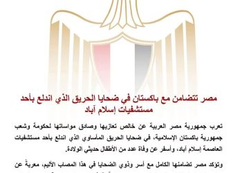 مصر تتضامن مع باكستان في ضحايا الحريق الذي اندلع بأحد مستشفيات إسلام آباد